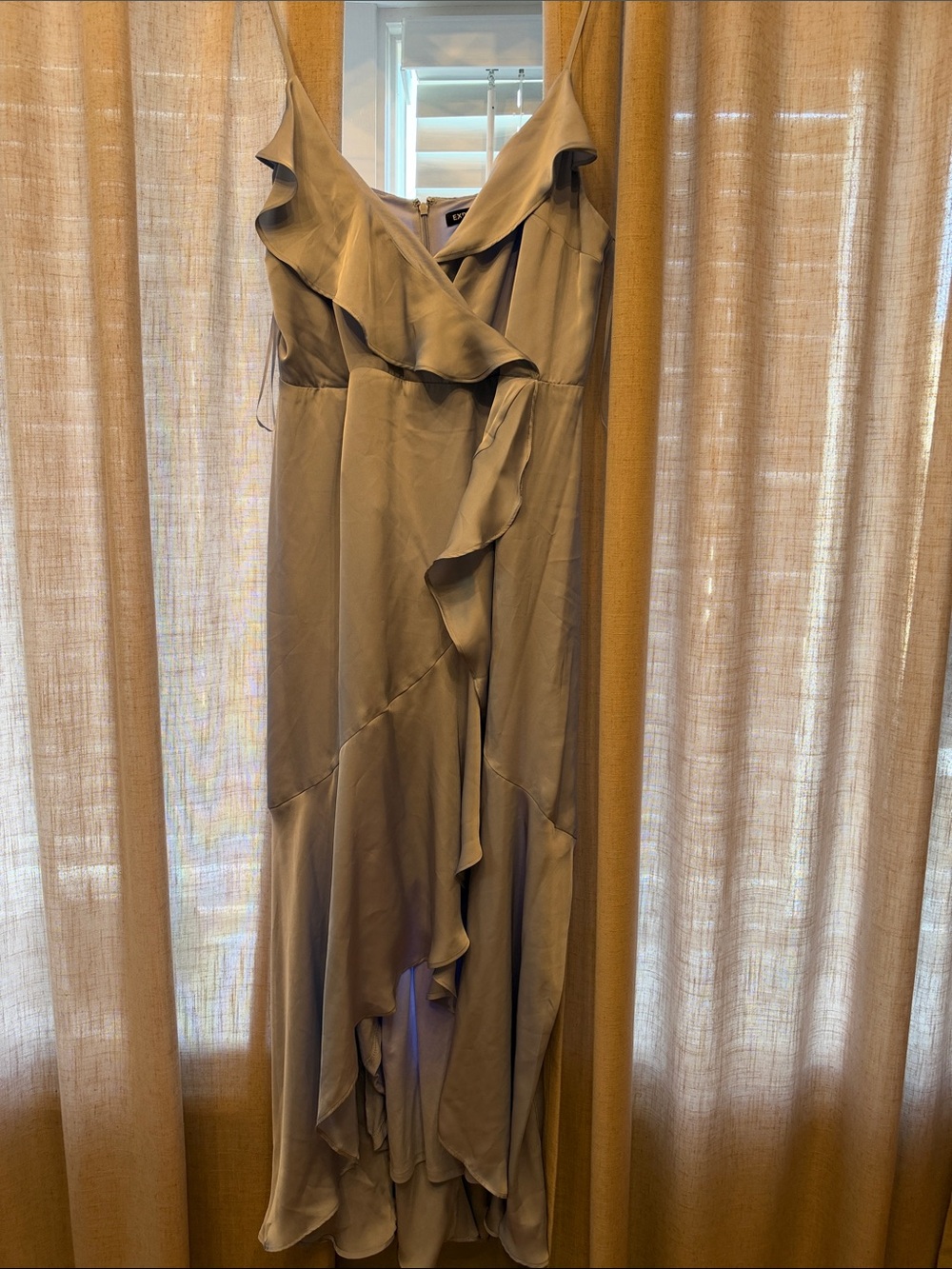 Express Taupe Ruffle Asymmetrical Slip Dress - Picture 4 of 11